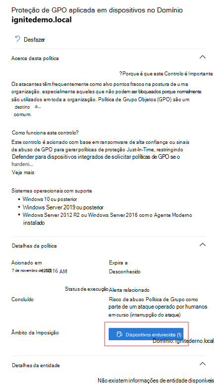 Captura de ecrã do painel de detalhes da atividade a mostrar o número de dispositivos protegidos por uma ação de proteção preditiva.