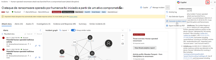 Captura de ecrã a realçar os botões de relatório de relatório e relatório gerados na página do incidente.
