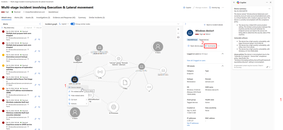 Captura de tela destacando as etapas para acessar o resumo do dispositivo em uma página de incidente no Copilot no Defender.