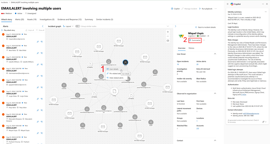 Captura de ecrã a mostrar a opção Resumir no painel de detalhes do utilizador.