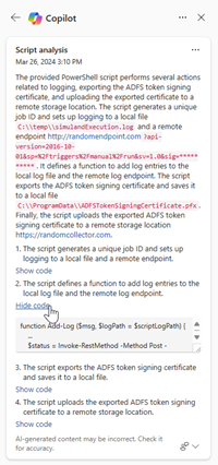 Captura de tela do painel Copilot com análise de script resulta na página de incidentes Microsoft Defender XDR.