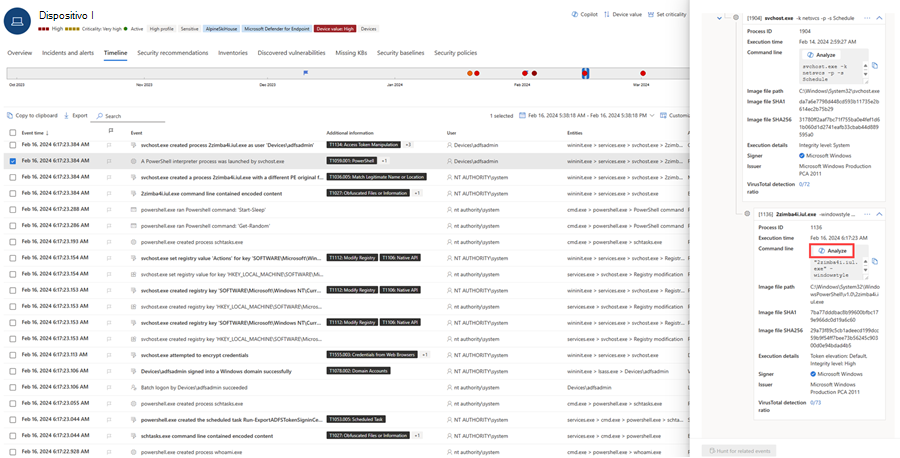 Captura de tela destacando o botão Analisar no dispositivo linha do tempo.