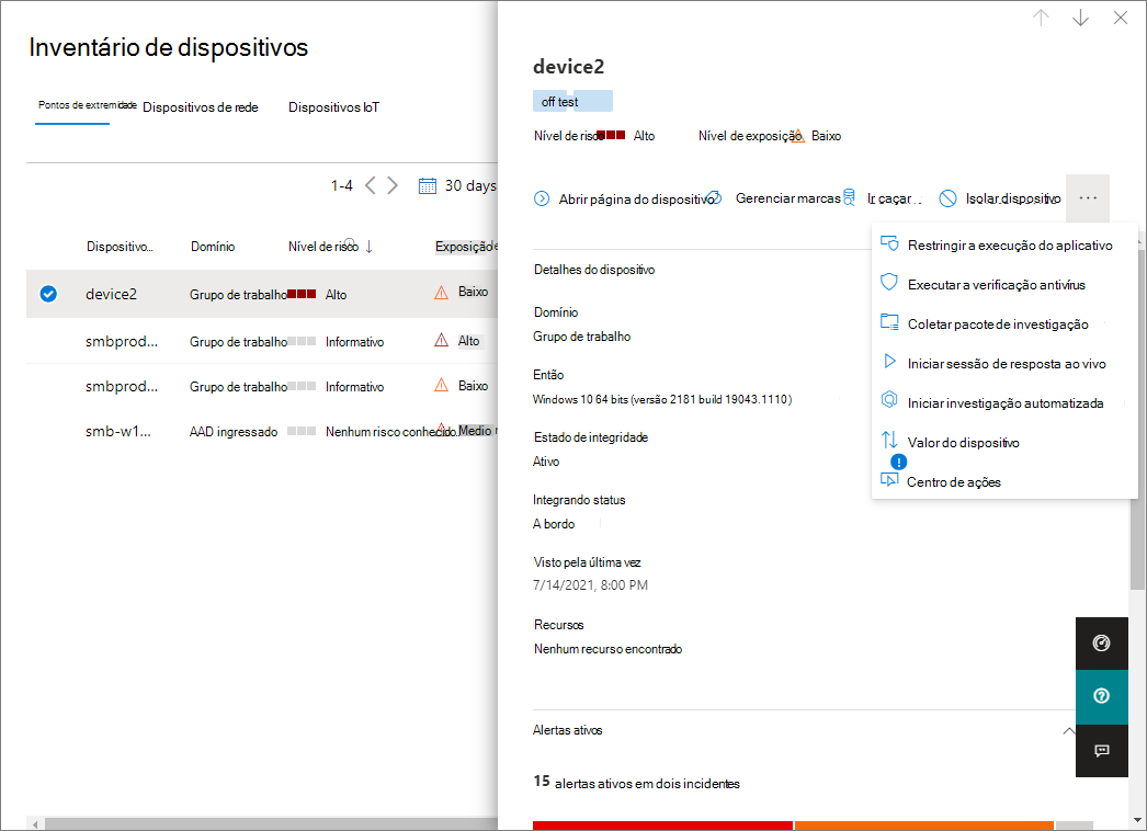 Captura de tela de um dispositivo selecionado com detalhes e ações disponíveis