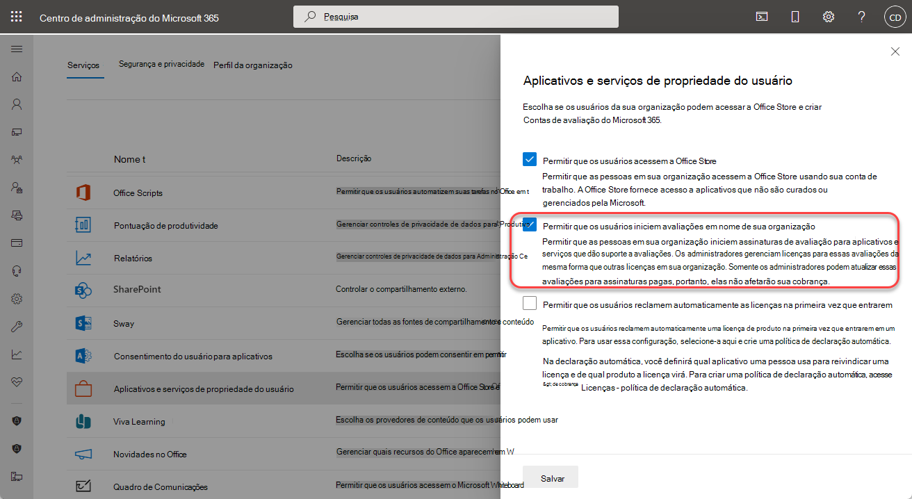Captura de tela da Gerenciamento de Vulnerabilidades do Microsoft Defender configuração de avaliação do usuário.