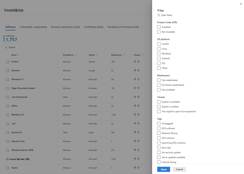 Captura de ecrã a mostrar os filtros disponíveis na página de inventário de software.
