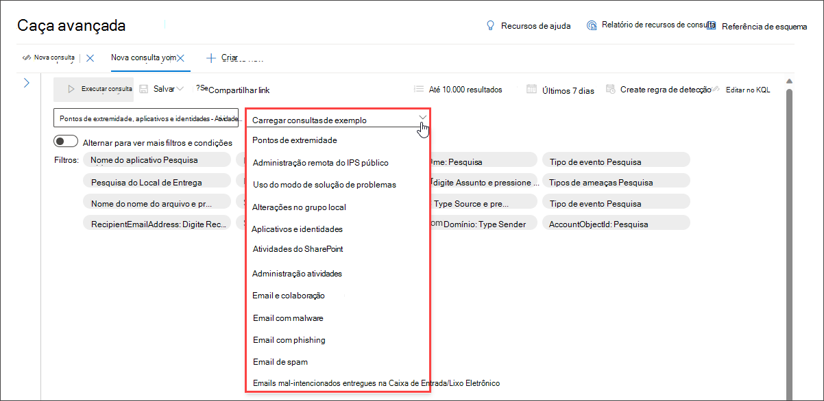 Captura de tela da lista de consultas de exemplo de carregamento do construtor de consultas de modo guiado