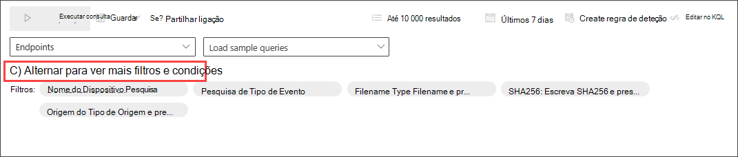 Captura de tela do construtor de consultas de modo guiado mais filtros de alternância