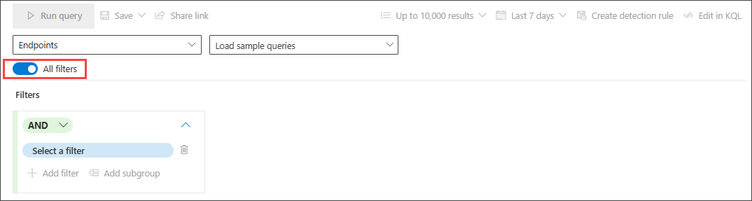 Captura de tela do construtor de consultas de modo guiado todos os filtros ativos