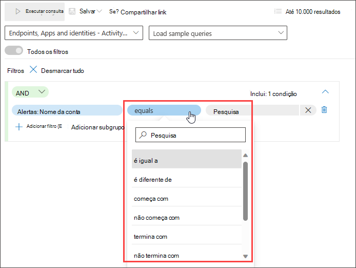 Captura de tela mostrando diferentes condições que você pode usar