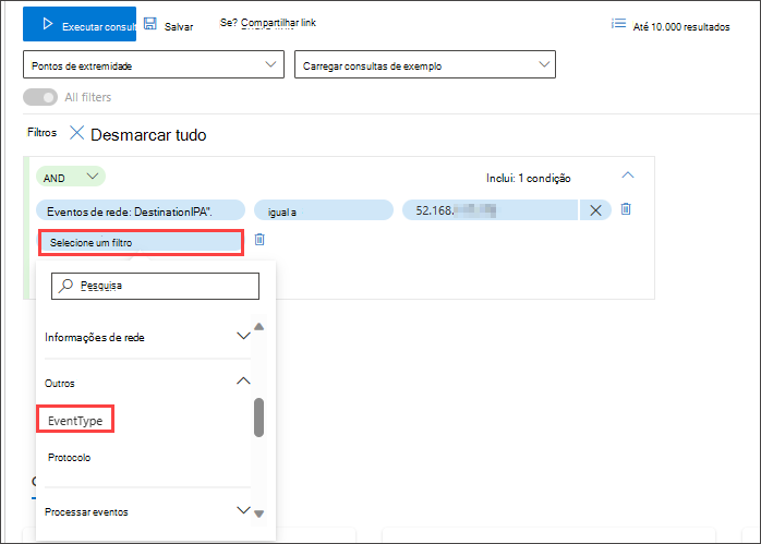 Captura de tela da busca do construtor de consultas de modo guiado para conexões bem-sucedidas com IP específico, segunda condição