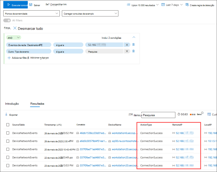 Captura de tela da busca do construtor de consultas de modo guiado para conexões bem-sucedidas com a exibição de resultados de IP específicos