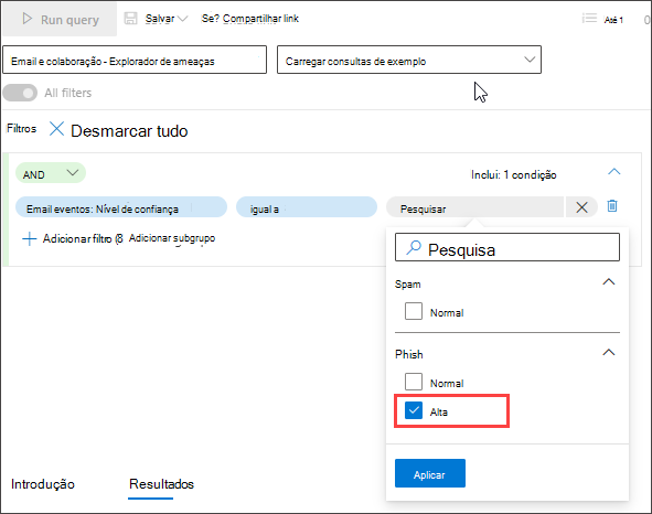 Captura de tela do construtor de consultas de modo guiado caça emails de phish ou spam de alta confiança entregues na caixa de entrada, primeira condição