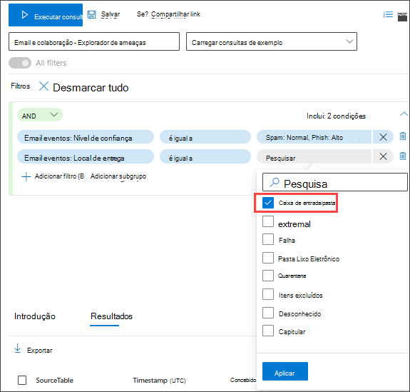Captura de tela do construtor de consultas de modo guiado caça emails de phish ou spam de alta confiança entregues na caixa de entrada, segunda condição