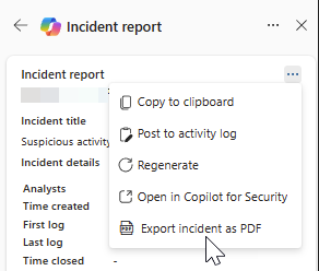 Captura de ecrã de ações adicionais no cartão de resultados do relatório de incidentes.