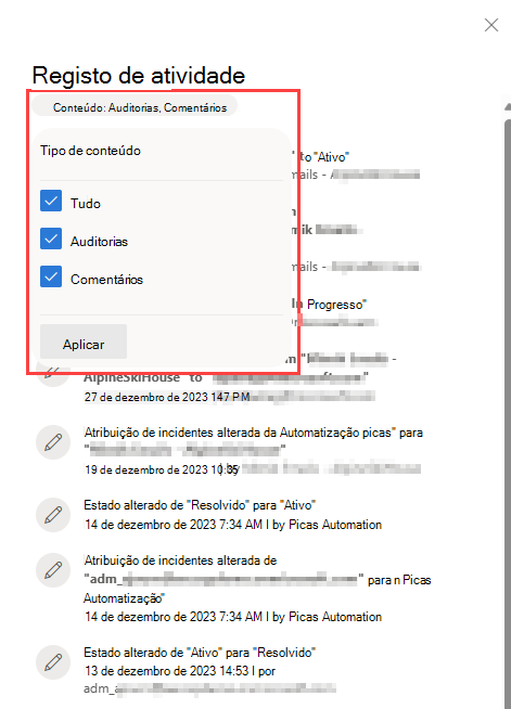 Realçando as opções de filtro no painel de log de atividades da página de incidentes no portal Microsoft Defender
