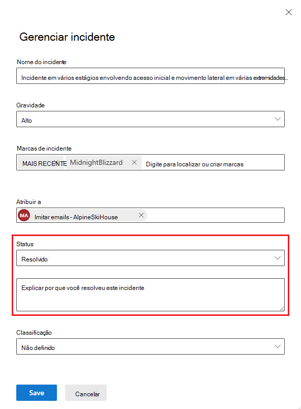 Captura de ecrã do painel de gestão de incidentes com nota de resolução de incidentes.