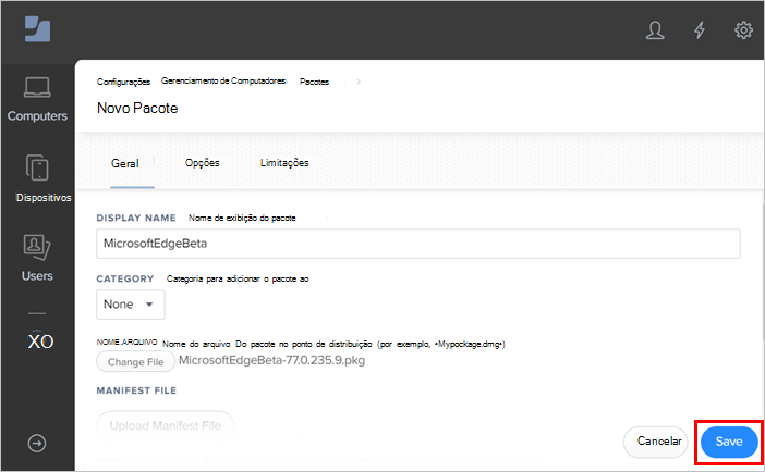 Selecione Salvar para salvar as informações do pacote