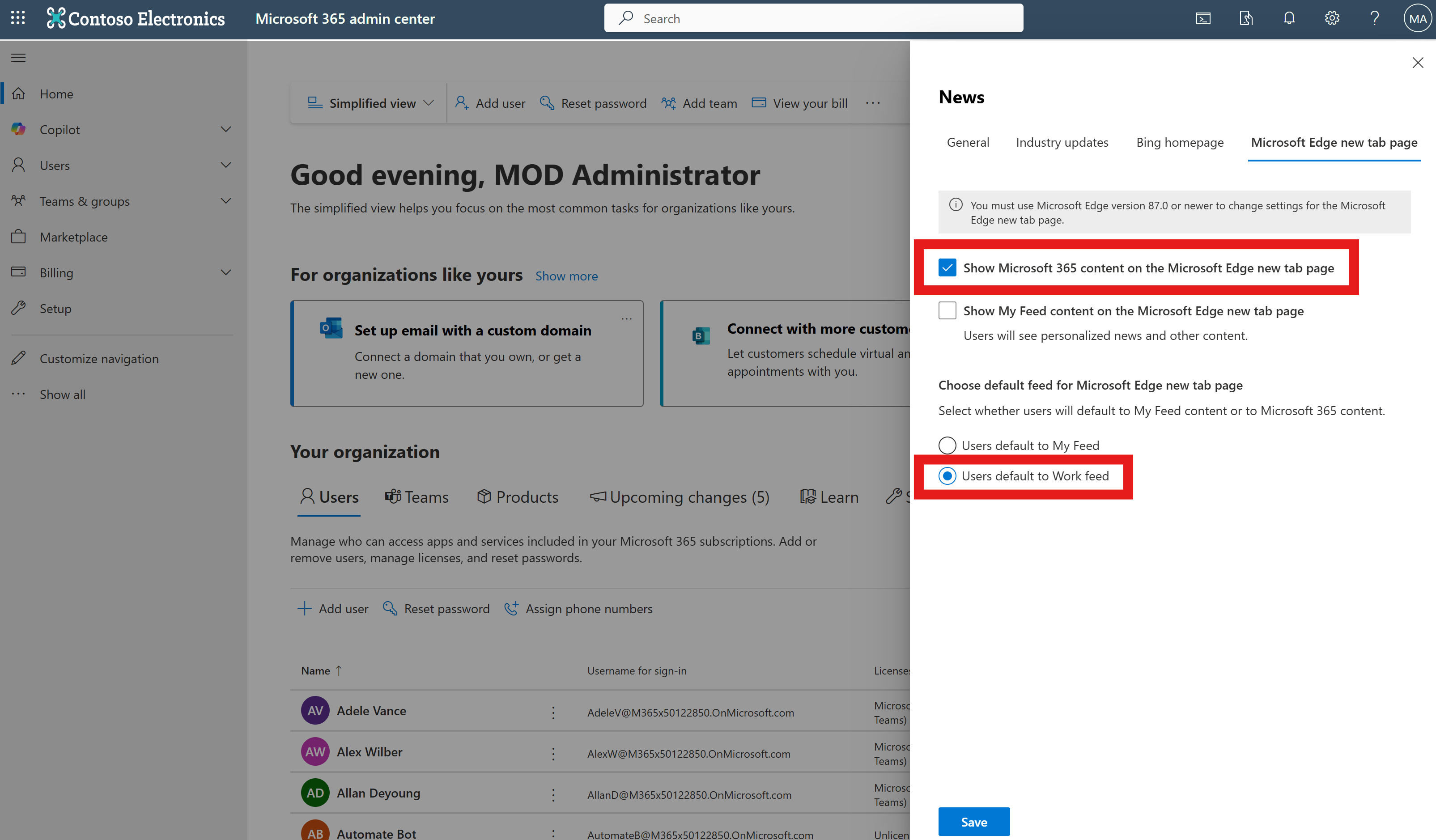 Captura de tela das configurações do feed de notícias.