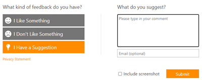 Captura de ecrã de uma interface de formulário de feedback com três opções no lado esquerdo: 'I Like Something' com um emoji de cara feliz, 'I Don't Like Something' com um emoji de cara franzida, e 'I Have a Suggestion' realçado em laranja com um emoji de lâmpada. No lado direito, existe uma secção intitulada 