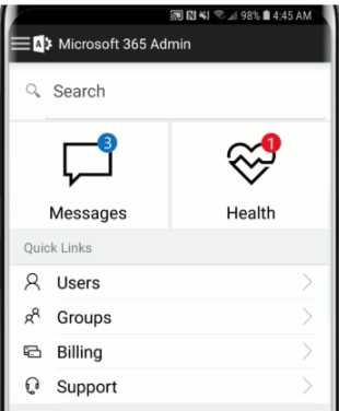 Captura de tela do aplicativo móvel de administrador do Microsoft 365.