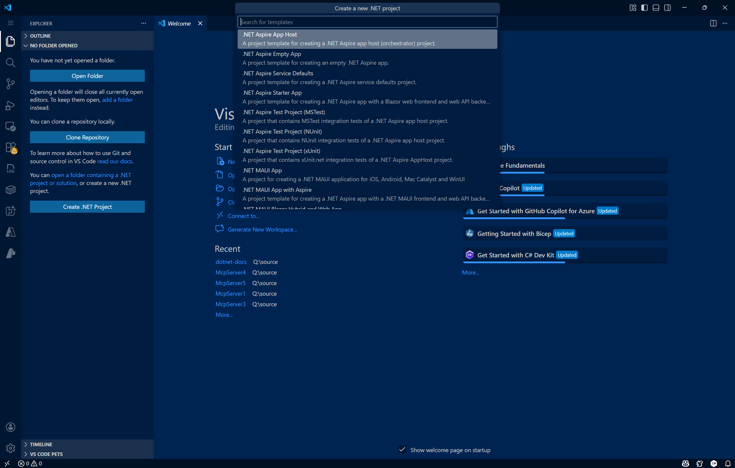 Lista suspensa de projetos do .NET