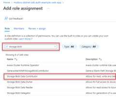 A screenshot showing how to filter and select role assignments to be added to the resource group.