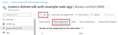 Uma captura de tela que mostra como navegar até a guia de atribuições de função e o local do botão usado para adicionar atribuições de função a um grupo de recursos.