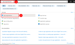 Uma captura de tela mostrando como usar a barra de pesquisa superior no portal do Azure para localizar e navegar até a página Registros de aplicativo.