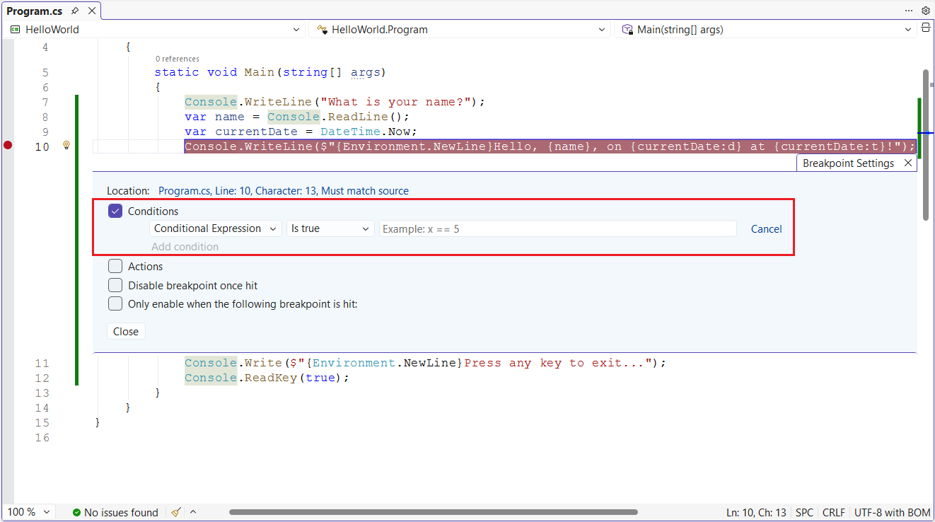 Editor mostrando o painel de configurações do ponto de interrupção – C#