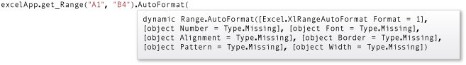 Captura de tela mostrando as Informações Rápidas do IntelliSense para o método AutoFormat.