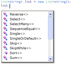 Captura de tela que mostra todos os operadores de consulta padrão no IntelliSense.