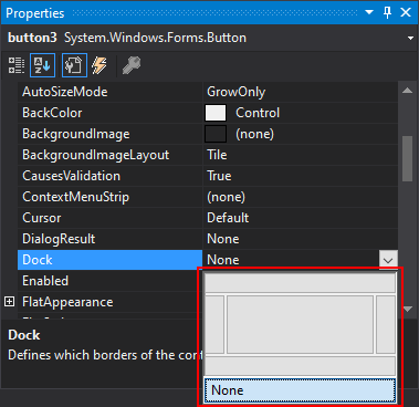 Painel Propriedades do Visual Studio para .NET Windows Forms com a propriedade Dock expandida.