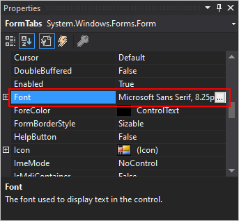 Painel Propriedades do Visual Studio para .NET Windows Forms com a propriedade Font mostrada.