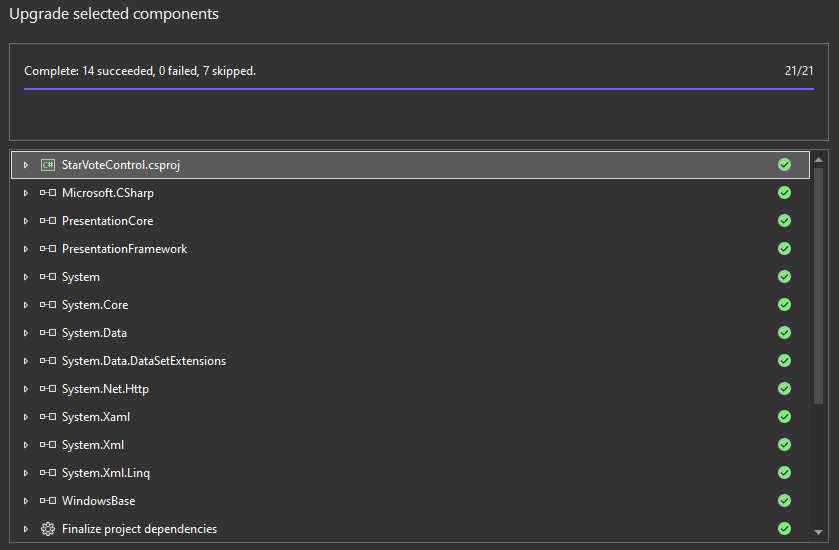 The .NET Upgrade Assistant's upgrade results tab, showing 7 out of the 21 items were skipped.