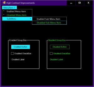 Captura de tela de um aplicativo que usa controles diferentes executados no modo de alto contraste após as melhorias de acessibilidade.