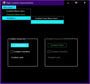Captura de tela de um aplicativo que usa controles diferentes executados no modo de alto contraste antes das melhorias de acessibilidade.