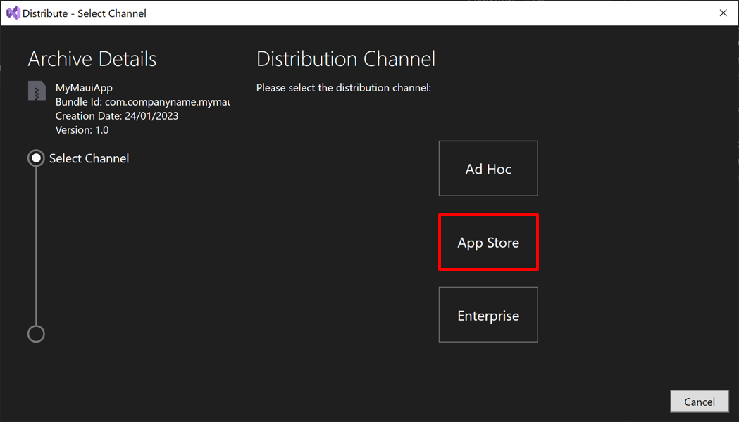 Captura de tela da seleção de um canal de distribuição na caixa de diálogo de distribuição.