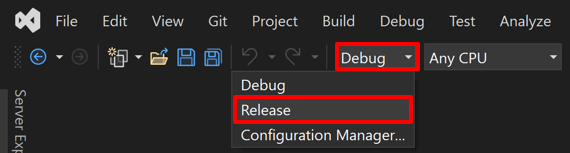 Selecione a configuração de versão no Visual Studio.