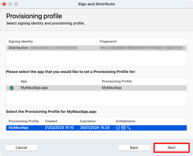 Captura de tela da seleção de uma identidade de assinatura na caixa de diálogo de distribuição do VSMac.