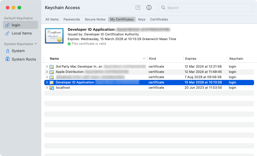 Keychain Access showing Developer ID Application certificate.