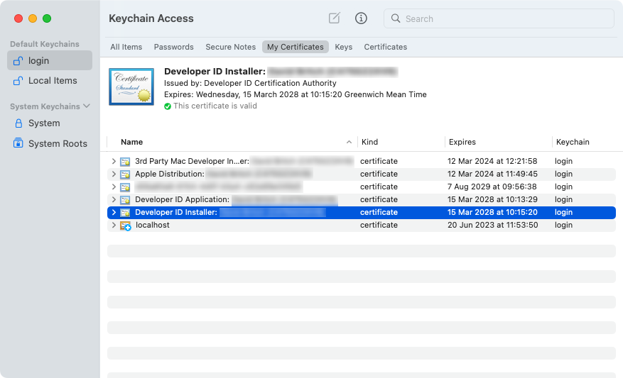 Keychain Access showing installer certificate.