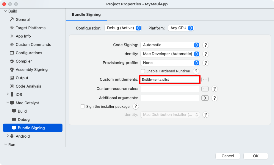 Visual Studio for Mac custom entitlements field set.