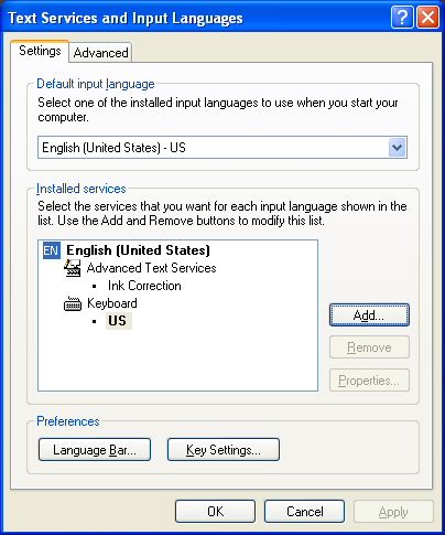 Caixa de diálogo Serviços de texto e idiomas de entrada.