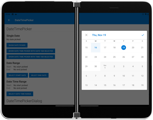 Surface Duo showing the date time picker control