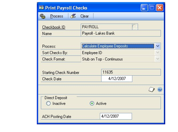 Screenshot of the Print Payroll Checks window. The Calculate Employee Deposits process is selected.