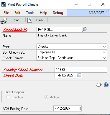 Screenshot of the Print Payroll Checks window. Check details including starting check number, check date and ACH posting date.