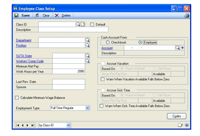 Screenshot of the Employee Class Setup window, showing default entries and empty input boxes.