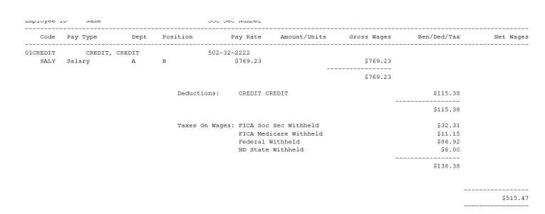 Screenshot of a report that shows the net wages of the example employee after deductions and taxes are applied.