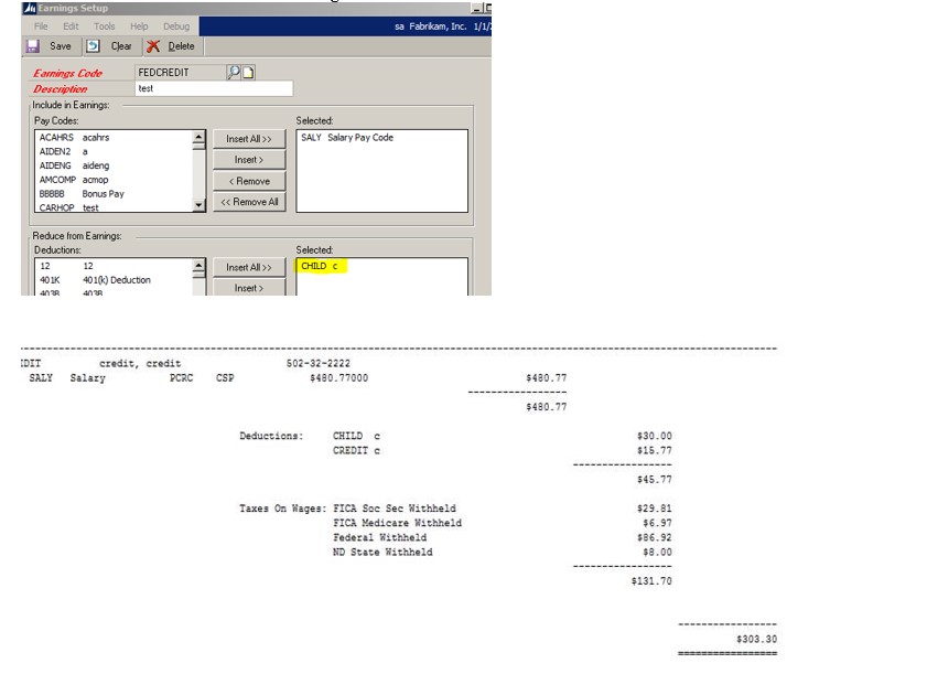 Screenshot of the earnings setup window.