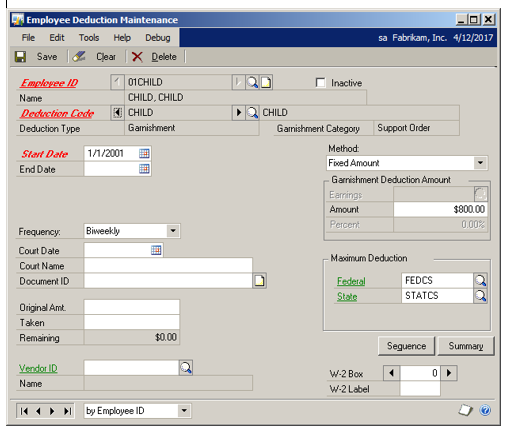 Screenshot of the Employee Deduction Maintenance window, showing deduction entries for an example child, named CHILD.